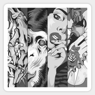 Dope four panels of animal human skulls and robots ink-prncil black-and-white illustration Sticker